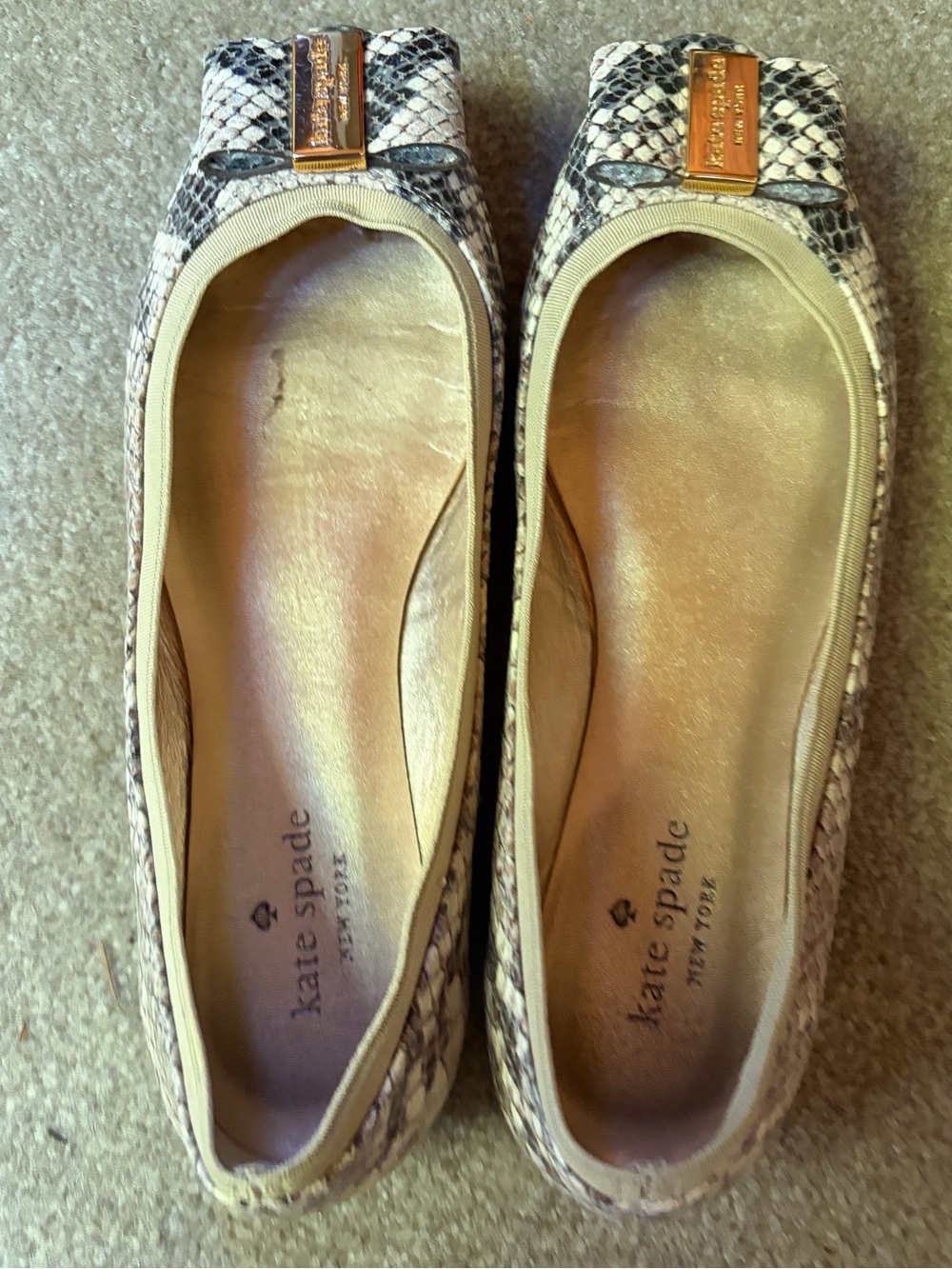 kate spade Neutral Snake-Print Ballet Flats with Gold Logo Accent